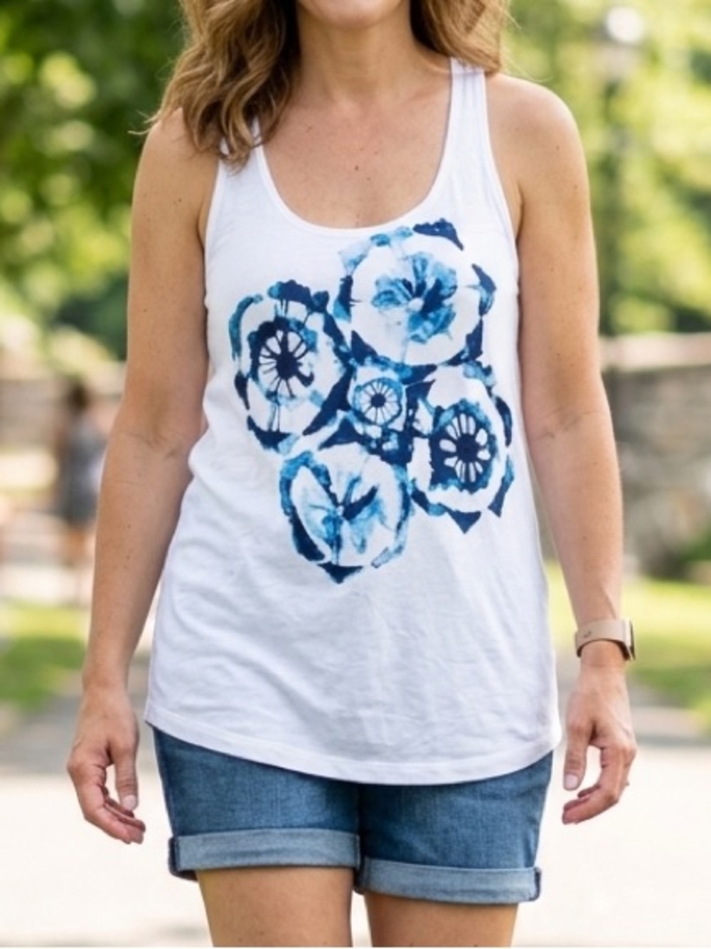 Old Navy White Racerback Tank with Blue Tie-Dye Floral Design L NWT